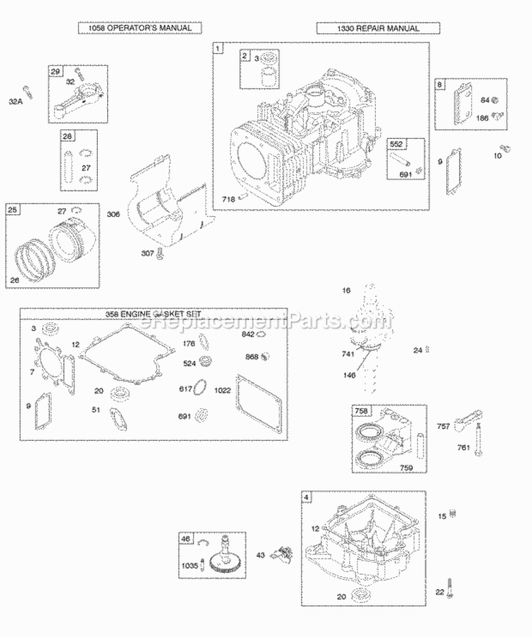 Cylinder Crankshaft Sump PistonRings Diagram and Parts List for 28U707-1112-E1  Briggs and Stratton Engine